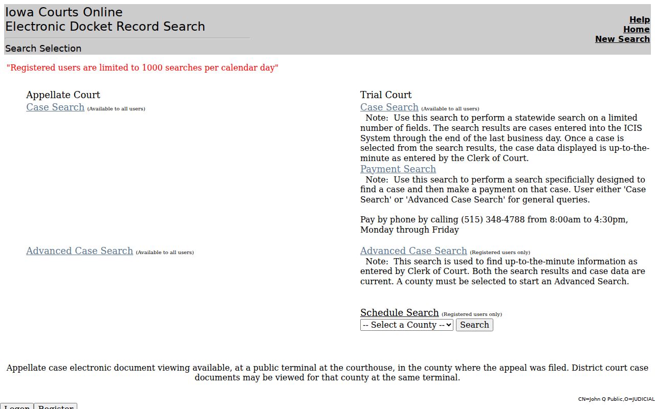 Iowa Courts Online public search entry used for Dickinson County court records