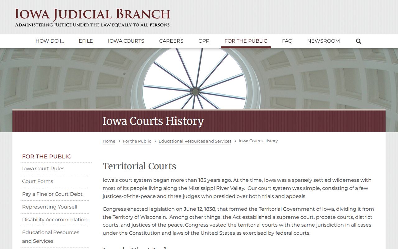 Iowa Judicial Branch history page explaining the unified court system used for Dickinson County warrants